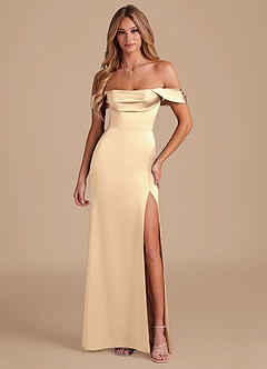 Azazie Saige Bridesmaid Dresses Gold A-Line Off the Shoulder Metallic Satin Convertible Dress image5