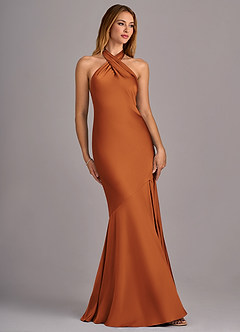 Azazie Lorena Bridesmaid Dresses Cinnamon Mermaid Pleated Stretch Satin Dress image3
