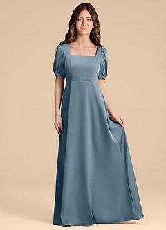 Azazie Briar Junior Vestido de Azul Polvoriento de Satén Elástico de Corte en A con Lazo image4