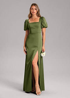 Azazie Fyona Bridesmaid Dresses Olive A-Line Pleated Stretch Satin Dress image2