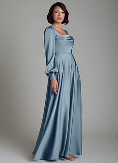 Azazie Solana Bridesmaid Dresses Dusty Blue A-Line Long Sleeve Stretch Satin Dress image5