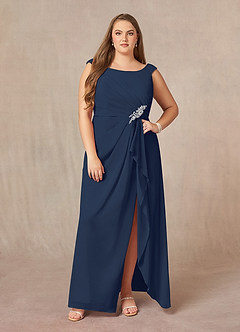 Azazie Yarrow At-home Try On Dresses Dark Navy A-Line Pleated Chiffon Dress image10