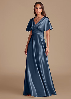 Azazie Pamela Bridesmaid Dresses Dark Navy A-Line Pleated Metallic Satin Dress image6