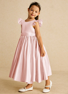 Azazie Violeta Flower Girl Dresses Blushing Pink Ball-Gown Bow Matte Satin Dress image5