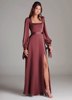 Azazie Leonia Brautjungfernkleider A-Linie Langarm Stretch-Satin Kleid Merlot image2