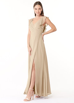 Azazie Yoko Bridesmaid Dresses Champagne A-Line Ruched Chiffon Dress image3