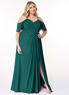 Azazie Dakota Bridesmaid Dresses Peacock A-Line V-Neck Pleated Chiffon Dress image11