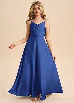 Azazie Bug Junior Robe Trapèze en Satin extensible Plissée Bleu Roi image2