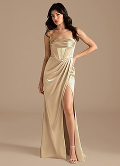 Azazie Lynden Bridesmaid Dresses Champagne Sheath Off the Shoulder Metallic Satin Convertible Dress image9