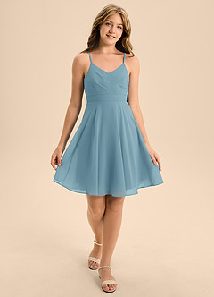 Azazie Avelina Junior Moody Blue A-Line Pleated Chiffon Dress image3