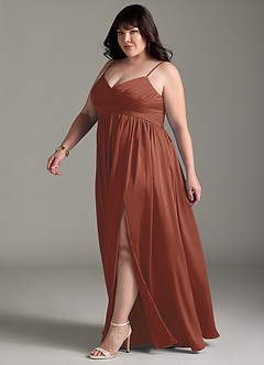 Azazie Alia Bridesmaid Dresses Auburn A-Line Pleated Stretch Satin Dress image20