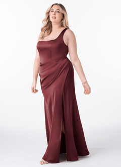 Azazie Mero Bridesmaid Dresses Merlot Sheath Pleated Stretch Satin Dress image7
