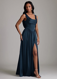 Azazie Novi Bridesmaid Dresses Dark Navy A-Line with Pockets Stretch Satin Dress image5