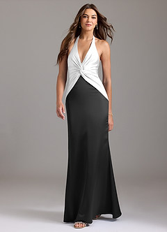 Azazie Valerie Bridesmaid Dresses Ivory Black Mermaid Pleated Stretch Satin Dress image3