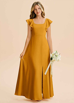 Azazie Bondi Junior Vestido Caramelo de Cetim elástico de Linha A com Fenda Lateral image1