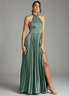 Azazie Zienna Venta Final Vestido de Eucalipto de Satén Elástico de Corte en A con Plisado image1