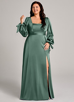 Azazie Leonia Robes de demoiselle d'honneur Robe Trapèze en Satin extensible Manche longue Eucalyptus image10