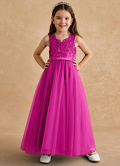 Azazie Cinna Flower Girl Dresses Fuchsia A-Line Lace Tulle Dress image1