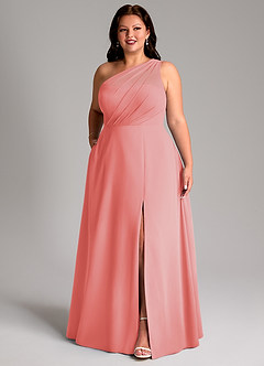 Azazie Phaedra Bridesmaid Dresses Coral A-Line One Shoulder Chiffon Dress image12