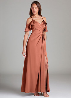 Azazie Dakota Jurken voor bruidsmeisjes Jurk van Stretch Satijn met A-Lijn Off the Shoulder Klei image1