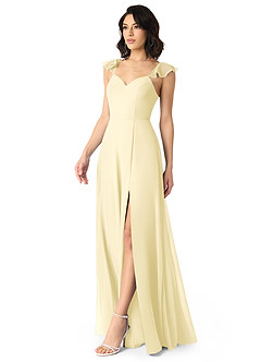 Azazie Everett Bridesmaid Dresses Lemon Sorbet A-Line V-neck Ruched Chiffon Dress image3