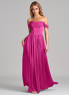 Azazie Raisa Bridesmaid Dresses Fuchsia A-Line Off the Shoulder Stretch Satin Dress image3