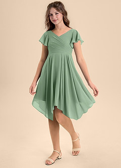 Azazie Janeaurelia Junior Matcha A-Line Pleated Chiffon Dress image3