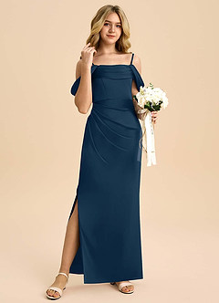 Azazie Saige Junior Dark Navy Sheath Off the Shoulder Stretch Satin Dress image4