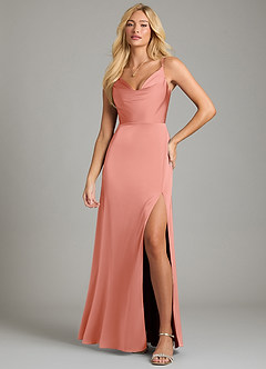 Azazie Sarella Vestidos de damas de honor Vestido de Coral de Satén Elástico de Corte en A con Plisado image4