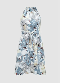 Robe Bleu Clair Longueur Midi Froncée à Imprimé Floral et Licou image5
