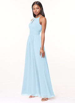 Azazie Bonnie Robes de demoiselle d'honneur Robe Trapèze en Mousseline de soie Trou de serrure froncé Bleu Ciel image3