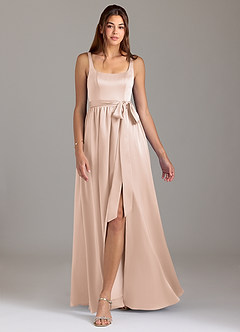 Azazie Elliott Bridesmaid Dresses Blushing Pink A-Line with Pockets Stretch Satin Dress image5