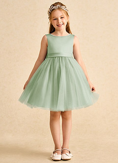 Azazie Jani Flower Girl Dresses Dusty Sage A-Line Bow Tulle Dress image4