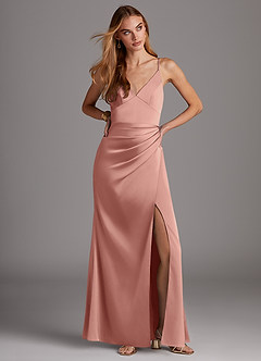 Azazie Shania Vestidos de damas de honor Vestido de Rosetón de Satén Elástico de Corte Recto con Cuello en V Plisado image3