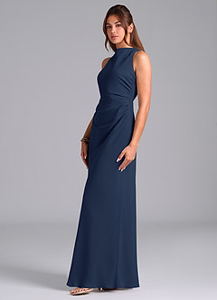Azazie Evadne Robes de demoiselle d'honneur Robe Trapèze en Mousseline de soie Plissée Bleu Marine Foncé image5