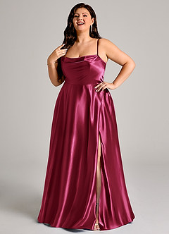 Azazie Elle Bridesmaid Dresses Burgundy A-Line with Pockets Metallic Satin Dress image3