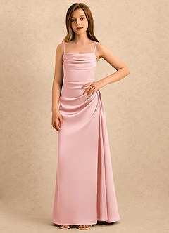 Azazie Shyla Girls Formal Flower Girl Dresses Powder Pink Sheath Pleated Stretch Satin Dress image3