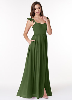 Azazie Metz Brautjungfernkleider A-Linie Herzchen Gerüscht Chiffon Kleid Olivgrün image3