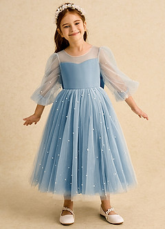 Azazie Trudy Flower Girl Dresses Steel Blue Ball-Gown Sweetheart Neckline Tulle Dress image3