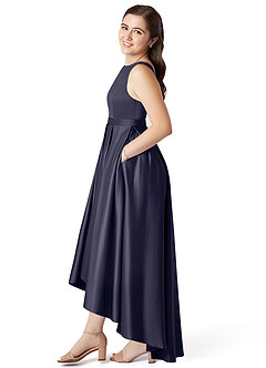 Azazie Inaya Junior Stormy A-Line with Belt Stretch Satin Dress image3