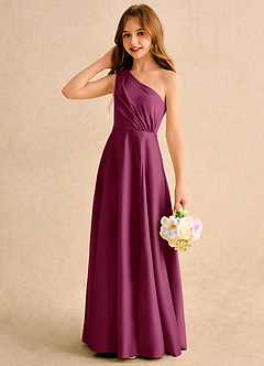 Azazie Puddles Girls Formal Jurken voor bloemenmeisjes A-Lijn Jurk van Mat Satijn One-Shoulder Moerbei image6