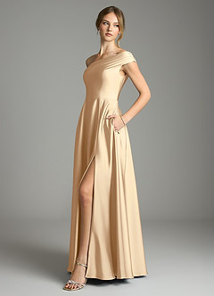 Azazie Melanie 신부 들러리 드레스 A라인 오프 더 숄더 스트레치 새틴 바닥 길이 드레스 image4