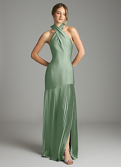 Azazie Nayeli Jurken voor bruidsmeisjes Jurk van Stretch Satijn met A-Lijn Geplooid Matcha image3