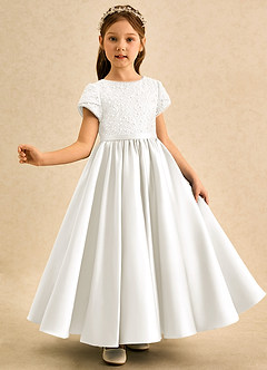Azazie Cashew Flower Girl Dresses Ivory Ball-Gown with Sleeves Matte Satin Dress image4
