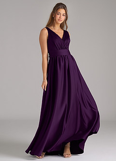 Azazie Kora Bridesmaid Dresses Grape A-Line Pleated Stretch Satin Dress image4
