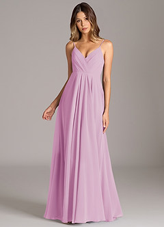 Azazie Amani Vestidos de damas de honor Vestido de Rosa Caramelo de Gasa de Corte en A con Plisado image4