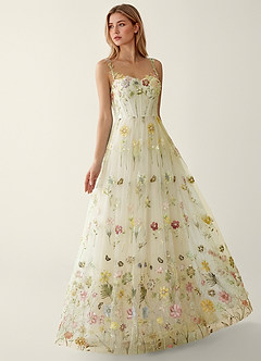 Irisqun Żółty Suknia balowa z tiulu z haftem cekinowym i koralikami w kwiaty 3D image5