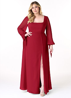 Azazie Leonia Bridesmaid Dresses Scarlet A-Line Long Sleeve Chiffon Dress image8