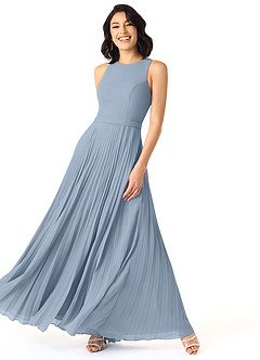 Azazie Lindie Bridesmaid Dresses Dusty Blue A-Line Scoop Pleated Chiffon Dress image3