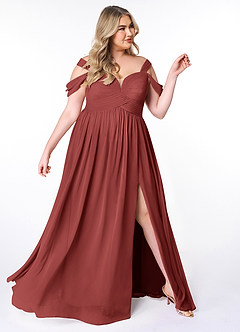Azazie Lianne Bridesmaid Dresses Terracotta A-Line Off the Shoulder Chiffon Dress image10